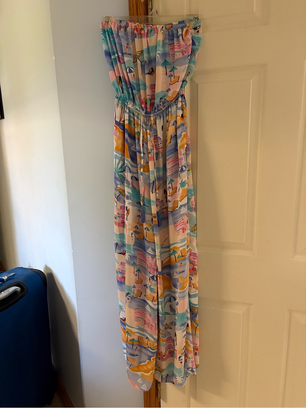 Pastel Beach-Print Strapless Jumpsuit in Multicolor